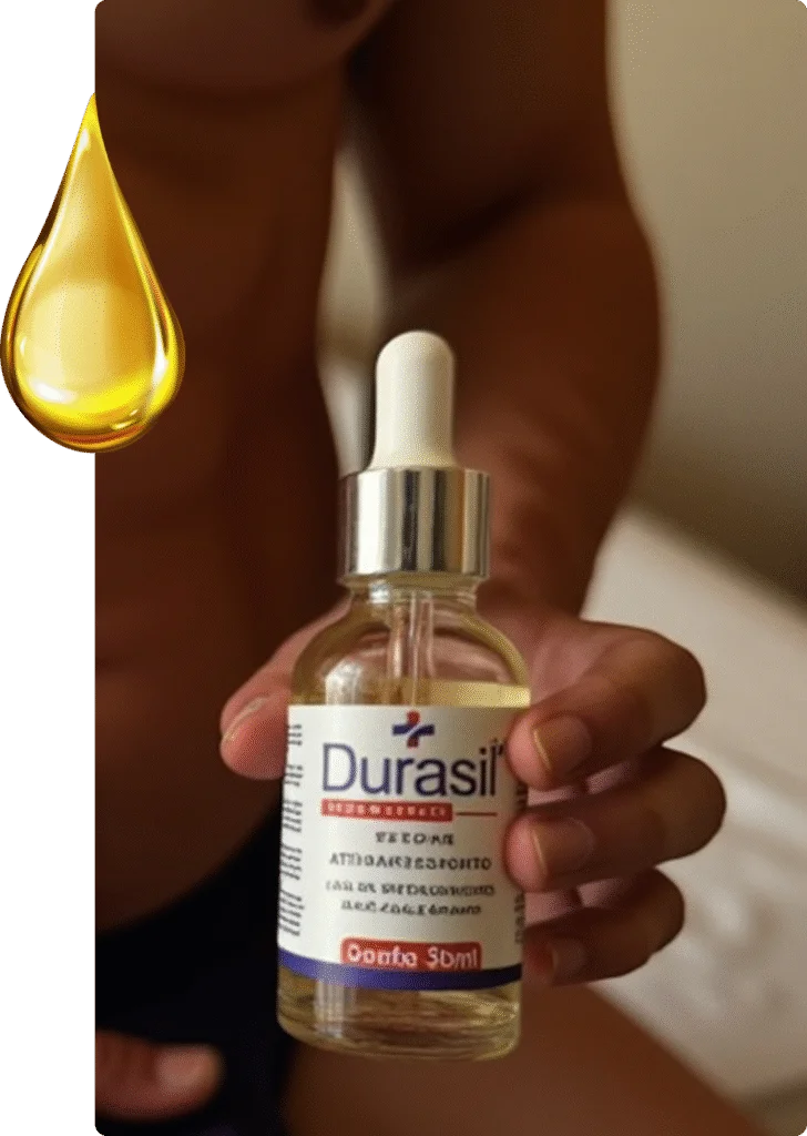 Frasco de Durasil sérum sendo segurado por uma mão, com uma gota de óleo dourado ao lado.
