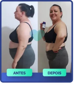 Mulher de meia-idade, antes e depois, com notável emagrecimento na barriga e cintura após usar Ozenvitta.