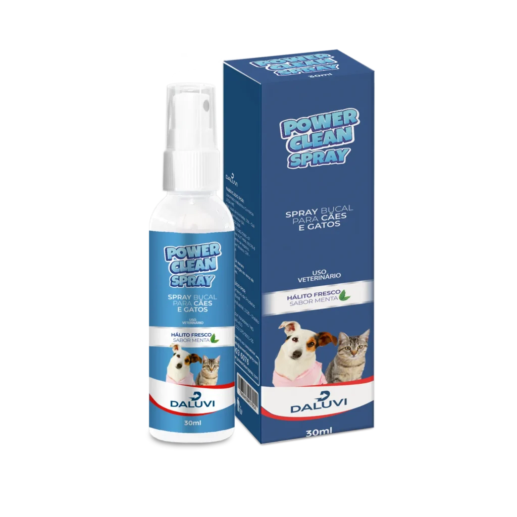 Frasco e caixa de Power Clean Spray, spray bucal veterinário para cães e gatos, sabor menta para hálito fresco.